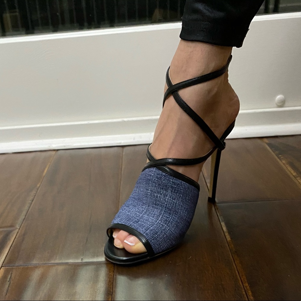 New JIMMY CHOO Flora Leather-trimmed Denim Sandals
